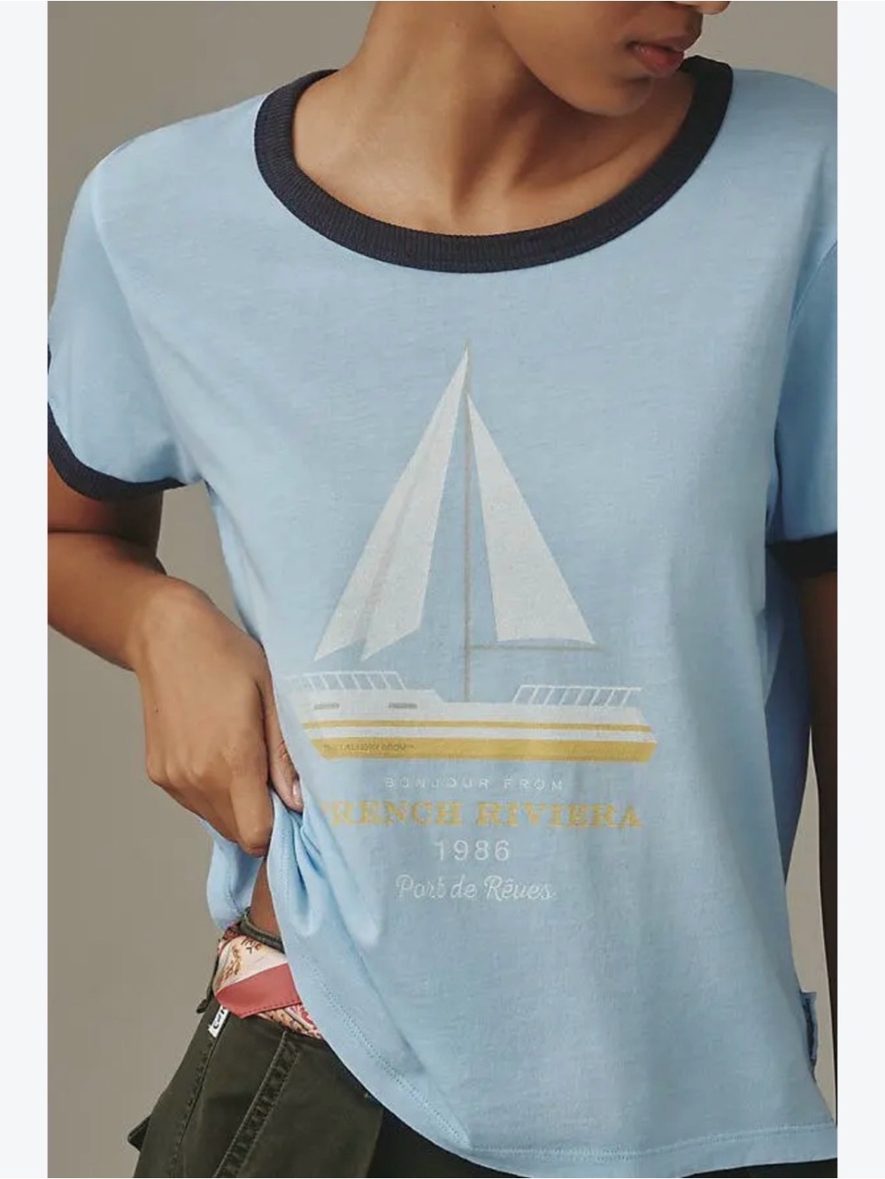 The Laundry Room x Anthropology Sailboat Graphic Ringer Tee, Blue w Navy Trim